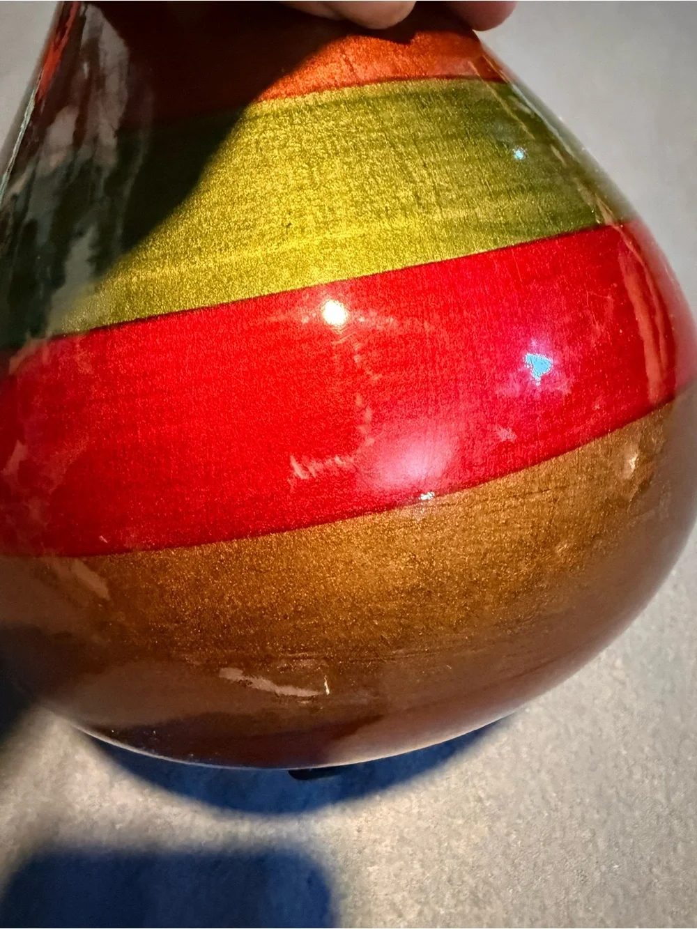 Hand-Painted Striped Ceramic Vase in Red, Green, and Gold